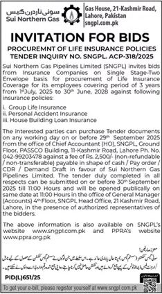 Sui Northern Gas Company Limited Lahore Tender Notice